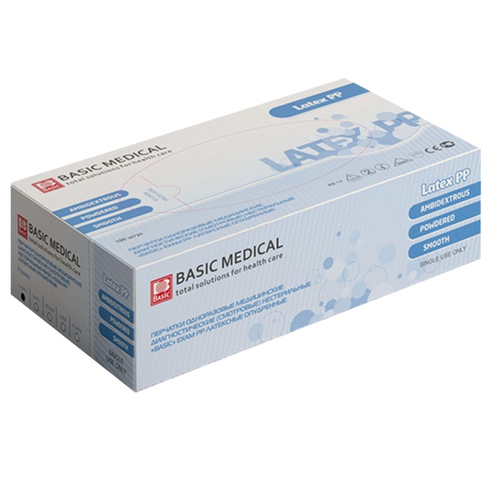 Перчатки Basic Medical EXAM PP латексные опудренные 5,5 гр, белые, S